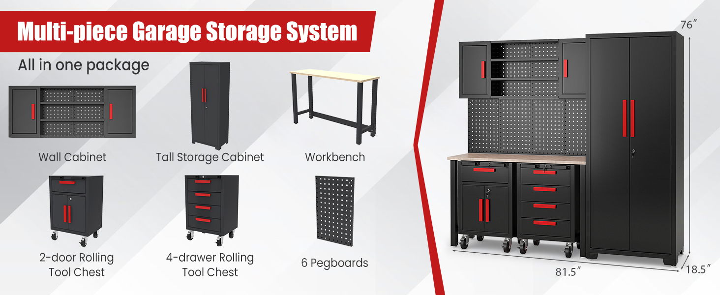 6 Pieces Garage Cabinets and Storage System Set with Pegboard and Rolling Chests